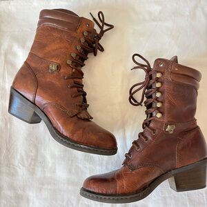 Double H Aberdeen Packer Women 7.5 Leather Lace Up  Brown Boots Heel Fringe